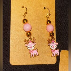 Pink and Gold Reindeer Earrings for Kids